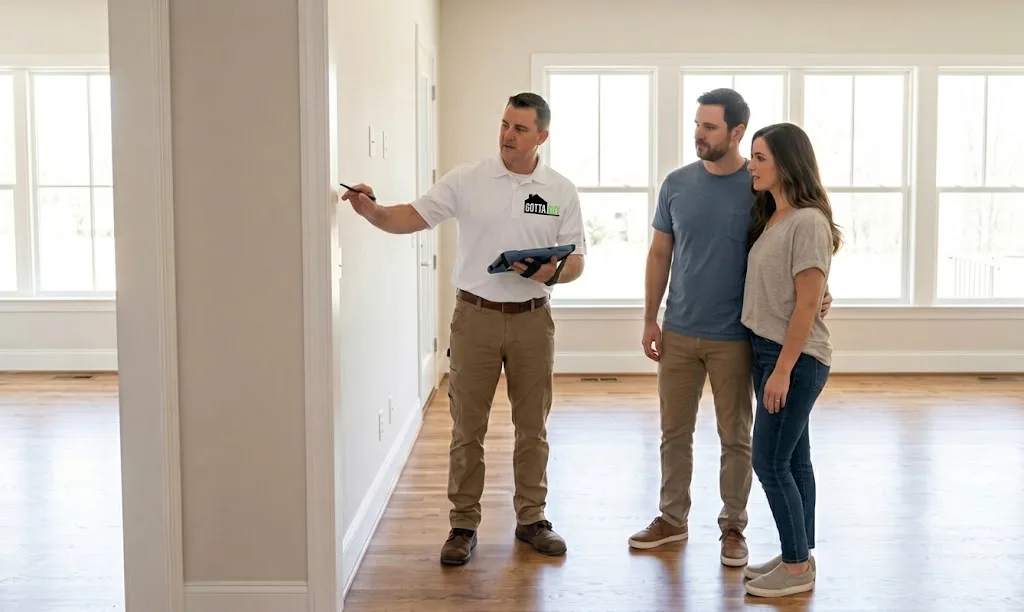GottaGuy inspector reviewing home with homeowners in an empty room